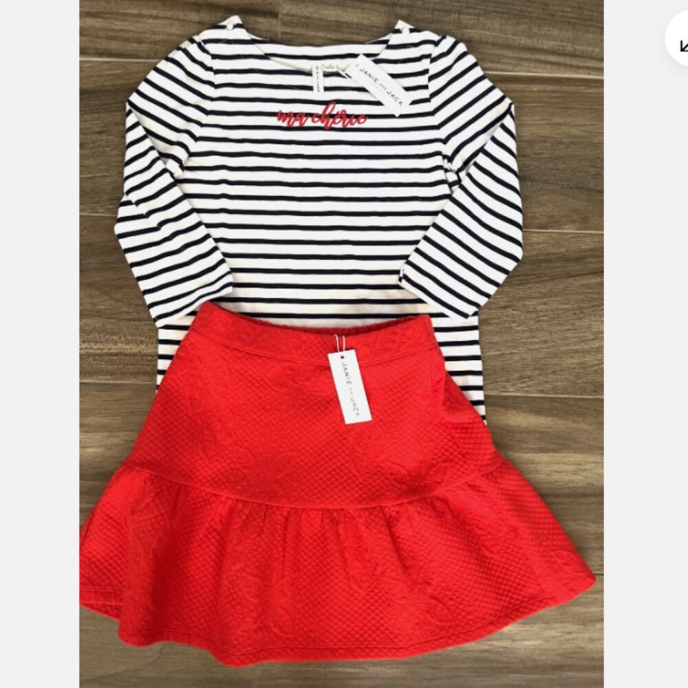 JANIE & JACK 2-Piece Outfit Ma Cherie Tee Top & Jacquard Knit Skirt Size 12 NWT
